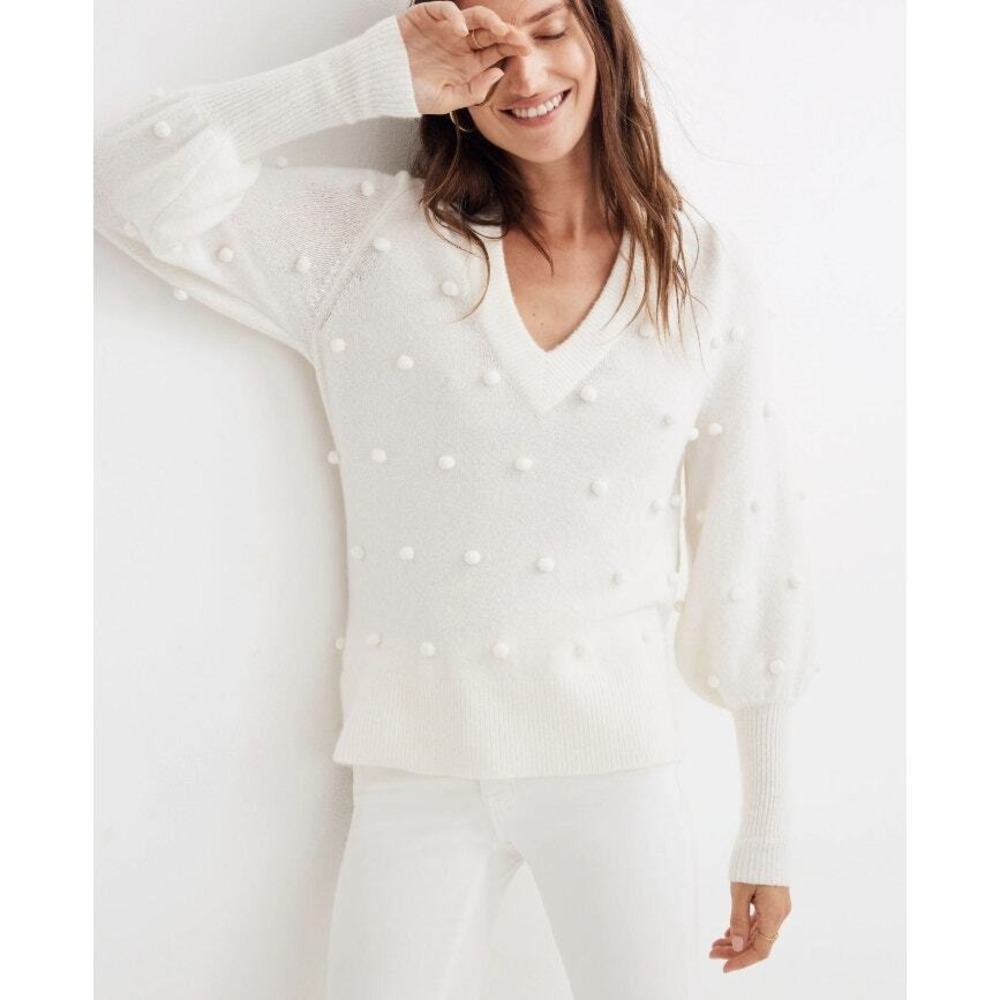 Madewell Bobble Dashwood V-Neck Sweater Womens Small Ivory Knit Wool Blend